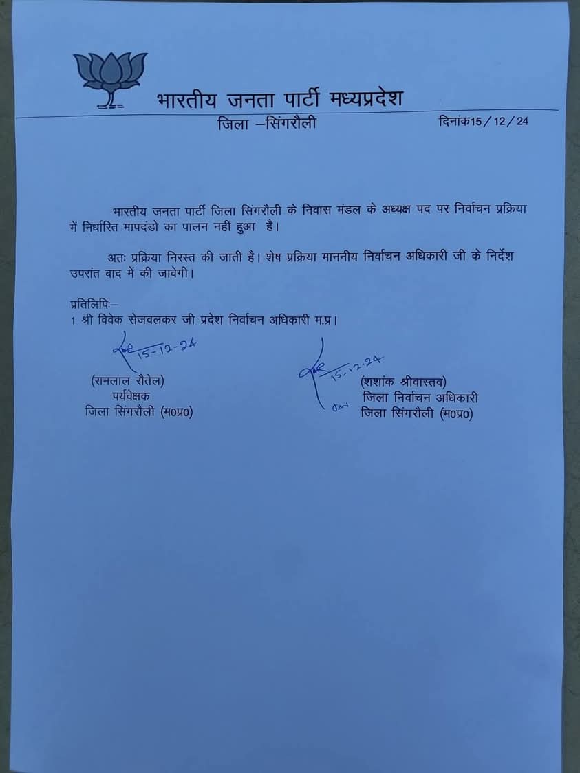 Singrauli Breaking News: BJP के 19 मंडल अध्यक्षों की लिस्ट जारी, 1 निरस्त, 2 अटके; जानिए